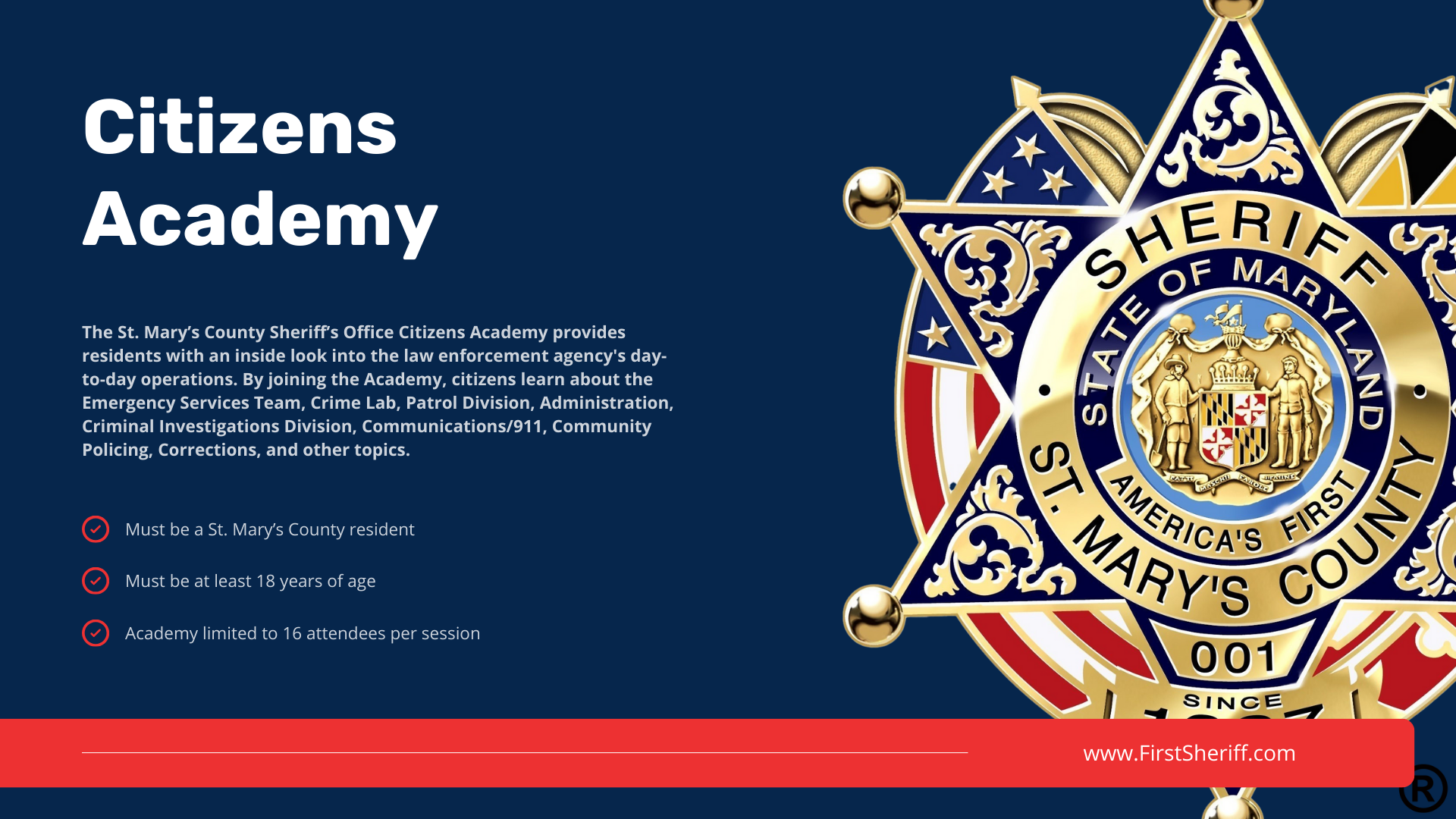 Citizens Academy Banner with St. Mary's County Sheriff's Office Badge